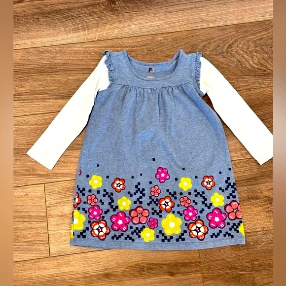 Tea Collection Girls 5T Blue Floral Long Sleeve Mighty Mini Dress - Picture 1 of 4